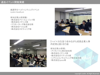 過去イベント開催実績	
copyright	
  Lookin	
  	
  All	
  Right	
  Reserved	
  	
『ハイ×カラ』をつまみながら成長企業人事	
  
内定者と語り合う会	
 	
参加企業(50音順)	
・アイモバイル株式会社様	
・株式会社イグニス様	
・株式会社ガイアックス様	
・シアトルコンサルティング株式会社様	
・株式会社Speee様	
	
厳選学生ヘッドハンティングイベント	
  
Lookin	
  Headhunt	
  
	
  	
  
参加企業(50音順番)	
  
・株式会社アイ・エム・ジェイ様	
・株式会社イグニス様	
・テラモーターズ株式会社様	
・株式会社ドリコム様	
・株式会社ネオキャリア様	
	
 