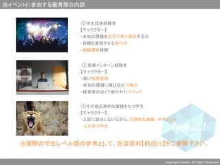 当イベントに参加する優秀層の内訳	
copyright	
  Lookin	
  	
  All	
  Right	
  Reserved	
  	
※実際の学生レベル感の参考として、別添資料【前回ES】をご参照下さい、	
	
  ②長期インターン経験者	
  
【キャラクター】	
  
・高い成長意欲	
  
・未知の環境に飛び込む行動力	
  
・経営者の近くで磨かれたマインド	
  
①学生団体経験者	
  
【キャラクター】	
  
・未知の課題を自分で考え解決する力	
  
・目標を実現させる実行力	
  
・組織運営経験	
  
③その他圧倒的な実績をもつ学生	
  
【キャラクター】	
  
・上記に該当しないながら、圧倒的な実績、ポテンシャ　　	
  
　ルを持つ学生　	
  
 