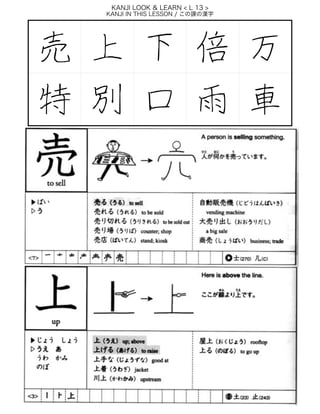KANJI LOOK & LEARN < L 13 >
KANJI IN THIS LESSON / この課の漢字 
売 上 下 倍 万
特 別 口 雨 車
 