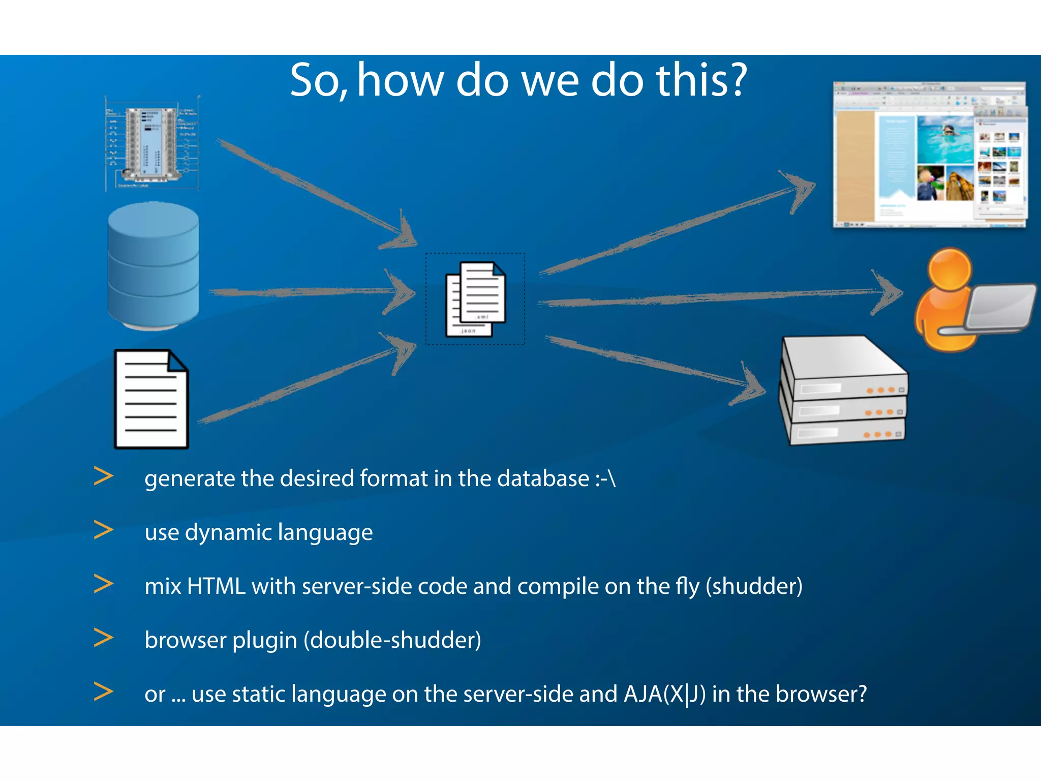 So,how do we do this?
> generate the desired format in the database :-
> use dynamic language
> mix HTML with server-side code and compile on the fly (shudder)
> browser plugin (double-shudder)
> or ... use static language on the server-side and AJA(X|J) in the browser?
 