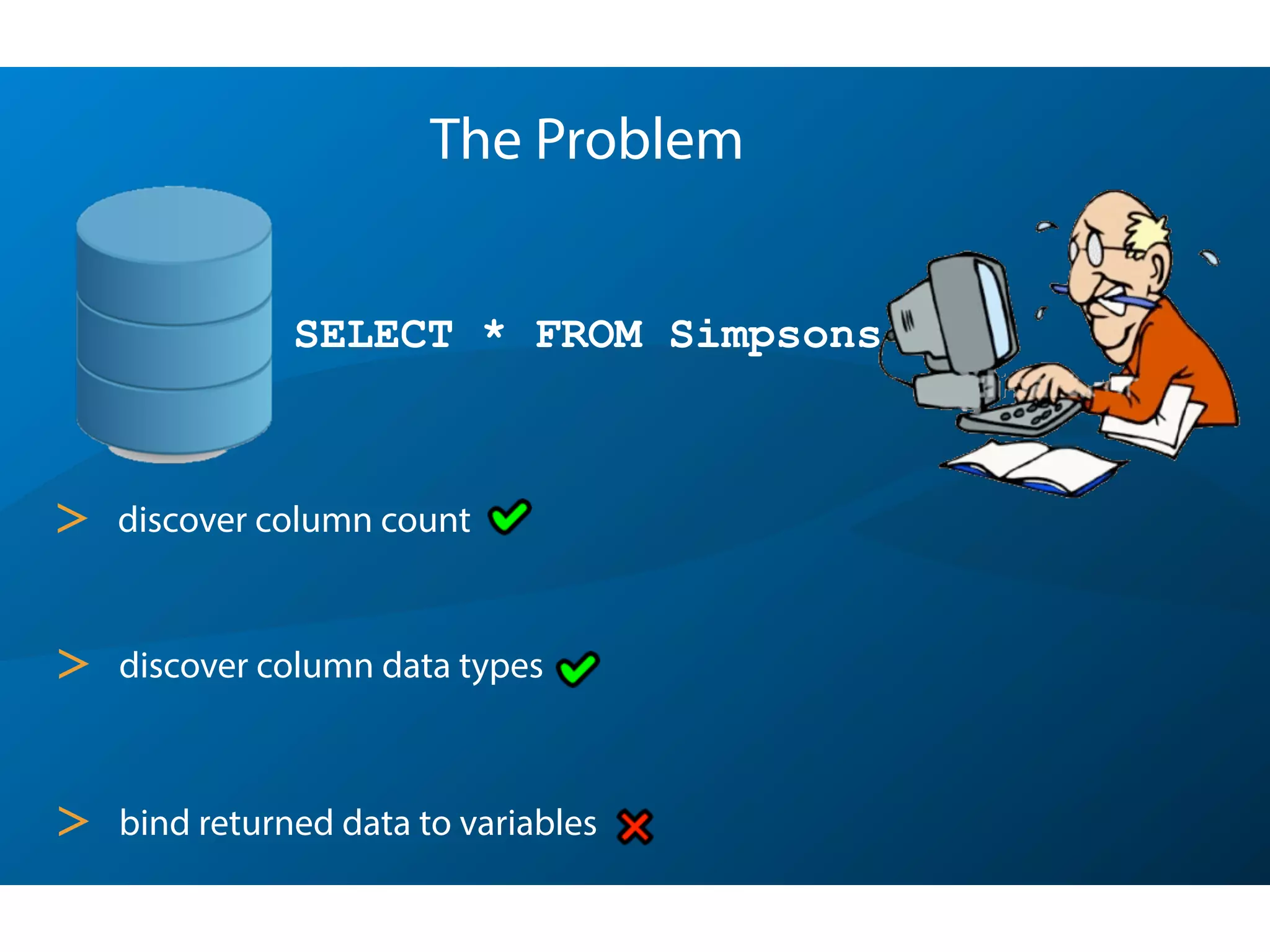 SELECT * FROM Simpsons
> discover column count
The Problem
> discover column data types
> bind returned data to variables
 