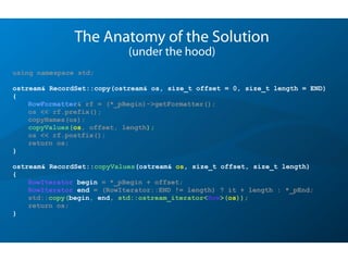 The Anatomy of the Solution
(under the hood)
using namespace std;
ostream& RecordSet::copy(ostream& os, size_t offset = 0, size_t length = END)
{
RowFormatter& rf = (*_pBegin)->getFormatter();
os << rf.prefix();
copyNames(os);
copyValues(os, offset, length);
os << rf.postfix();
return os;
}
ostream& RecordSet::copyValues(ostream& os, size_t offset, size_t length)
{
RowIterator begin = *_pBegin + offset;
RowIterator end = (RowIterator::END != length) ? it + length : *_pEnd;
std::copy(begin, end, std::ostream_iterator<Row>(os));
return os;
}
 