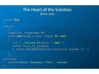 class Row
{
public:
// ...
template <typename T>
void set(size_t pos, const T& val)
{
try { _values.at(pos) = val; }
catch (out_of_range&)
{ throw RangeException("Invalid column."); }
}
// ...
private:
vector<Poco::Dynamic::Var> _values;
};
The Heart of the Solution
(Row::set)
 