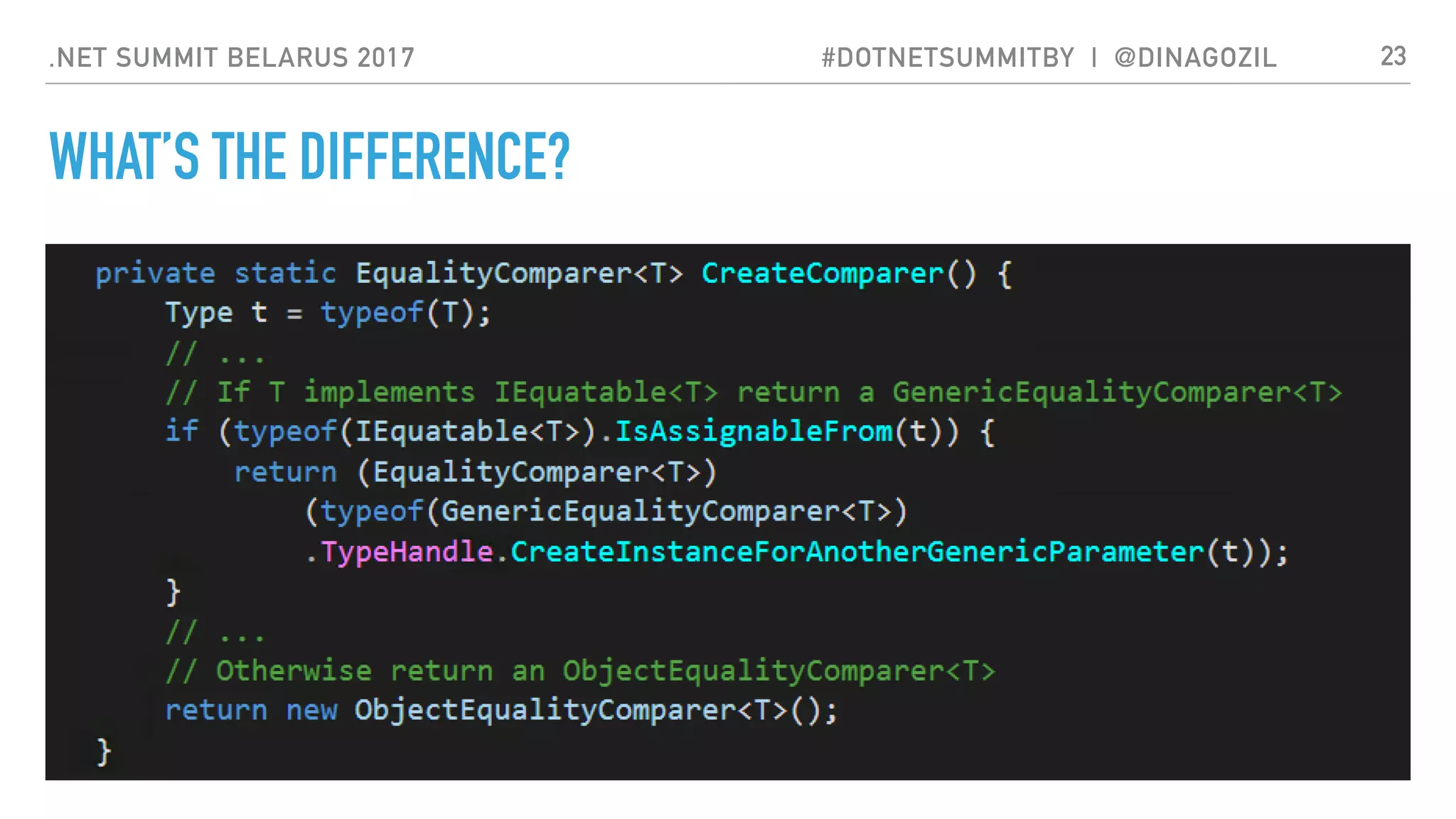 .NET SUMMIT BELARUS 2017 #DOTNETSUMMITBY | @DINAGOZIL
WHAT’S THE DIFFERENCE?
23
…
 