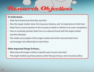 Research Objectives
    To Understand...
    •	   State Farm brand and what they stand for
    •	   How the target market views the insurance industry, and its importance in their lives
    •	   State Farm’s current position in the insurance market in relation to its main competitors
    •	   How to creatively position State Farm as a relevant brand with the target market
         and their lifestyles
    •	   The media consumption of the target market and which channels State Farm
         can leverage most effectively to reach them


    Other Important Things To Know...
    •	   What draws the target market to specific auto insurers and why?
    •	   The target market’s purchase process when they go to buy a new insurance policy




5
 