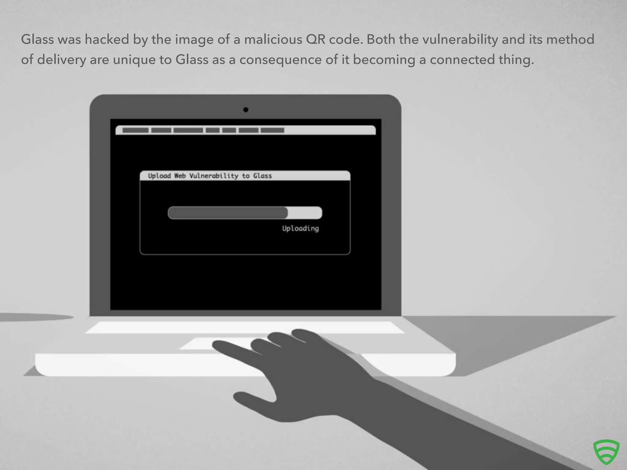 Glass was hacked by the image of a malicious QR code. Both the vulnerability and its method
of delivery are unique to Glass as a consequence of it becoming a connected thing.
 