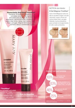 1 TimeWise®
ivo complejo anti-edad
enciales en 1 solo
exfoliar y refrescar-
el de aspecto más
ula para piel normal
a a grasa.
La Base de Maquillaje
se adquiere separadamente.
Humectante Anti-Edad TimeWise®
Combina 10 horas de hidratación y un
complejo exclusivo de ingredientes
anti-edad para acelerar el proceso de
renovación natural de la piel, revelando un
rostro más firme y terso, con menos líneas
finas y arrugas. Elegí la fórmula para piel
normal a seca o combinada a grasa.
NOTICIA de interés:
El Set Milagroso TimeWise®
Usar el Set Milagroso todos los
días te ayudará a lograr una piel
más tersa, suave y firme con
menos líneas finas y arrugas.
Obtenés muchos beneficios
para combatir el envejecimiento
en sólo cuatro productos.
Descubrí por qué funciona:
83%
46%
25%
de las usuarias tuvo
una reducción en las
líneas finas y arrugas.
logró un tono de piel
más uniforme.
tuvo una piel más
suave y flexible.
mejoró la elasticidad
de la piel.Hasta
un
*Observaciones de un dermatólogo en un estudio
clínico de 12 semanas.
9
 
