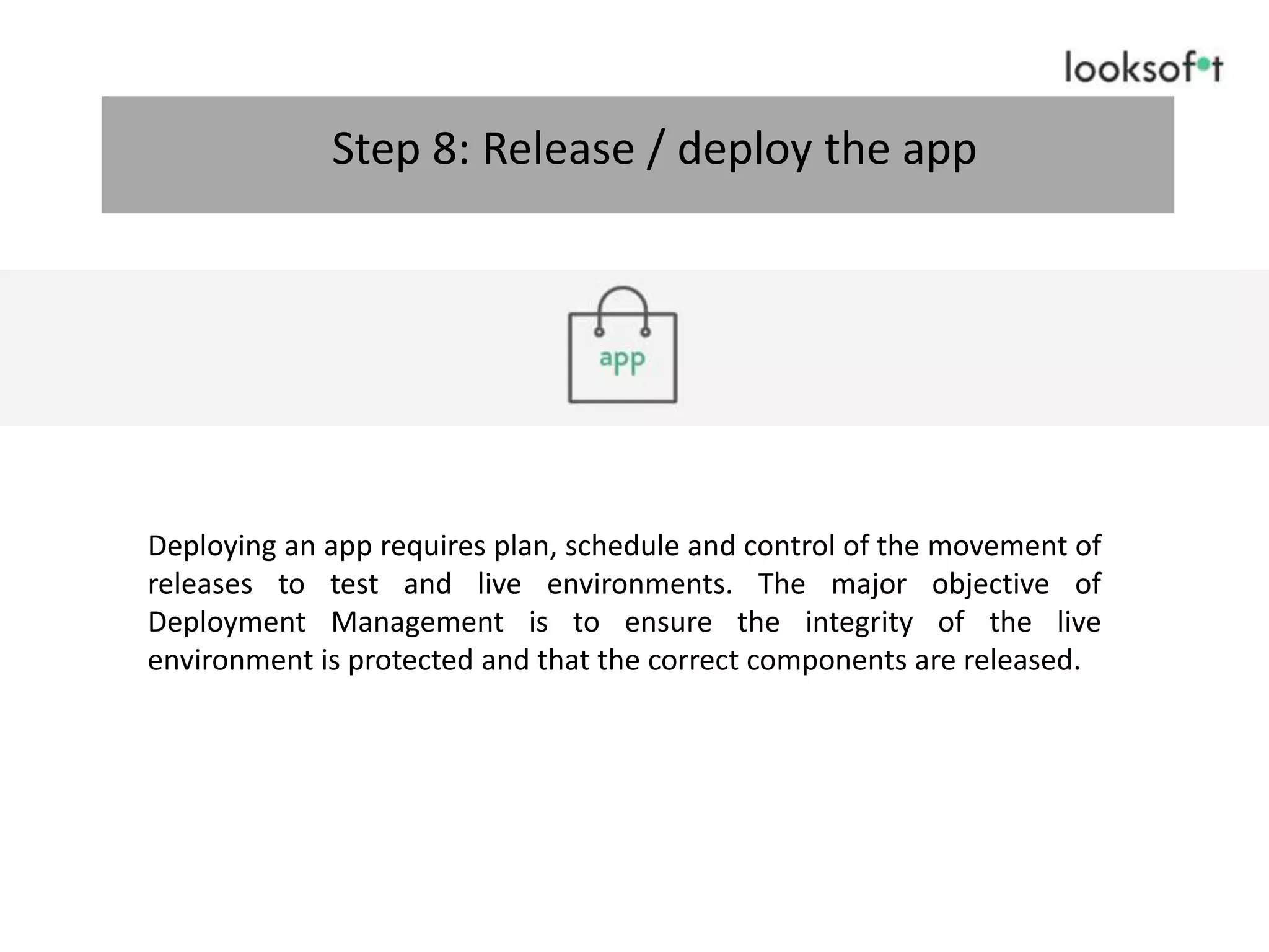 Deploying an app requires plan, schedule and control of the movement of
releases to test and live environments. The major objective of
Deployment Management is to ensure the integrity of the live
environment is protected and that the correct components are released.
Step 8: Release / deploy the app
 