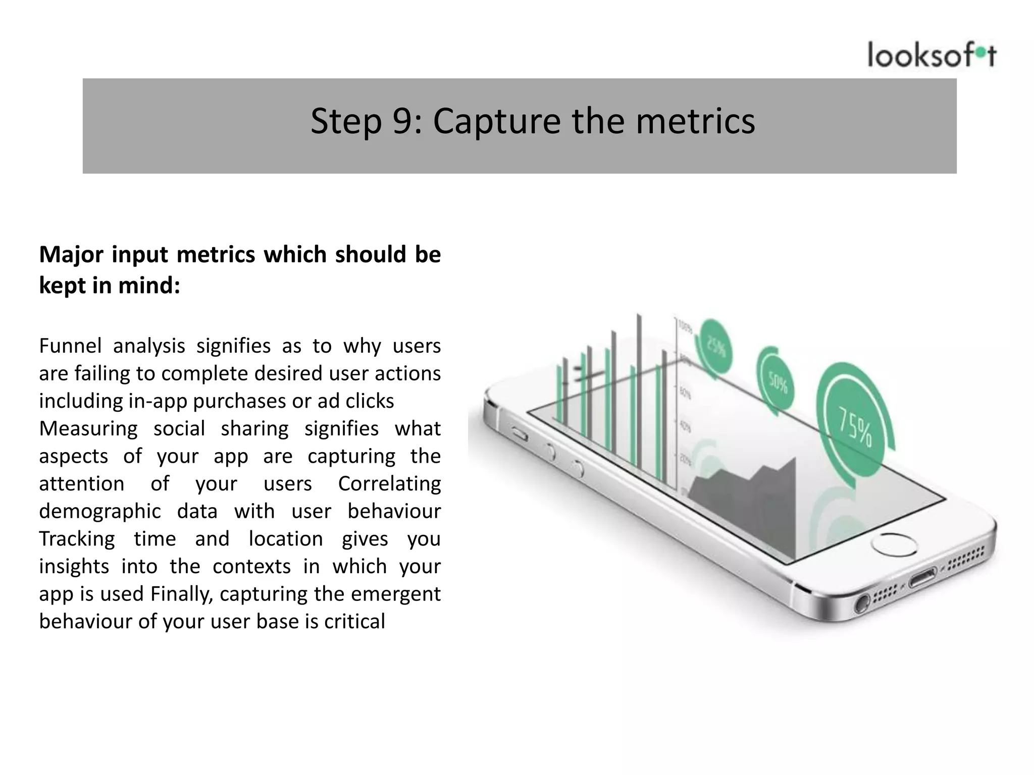 Step 9: Capture the metrics
Major input metrics which should be
kept in mind:
Funnel analysis signifies as to why users
are failing to complete desired user actions
including in-app purchases or ad clicks
Measuring social sharing signifies what
aspects of your app are capturing the
attention of your users Correlating
demographic data with user behaviour
Tracking time and location gives you
insights into the contexts in which your
app is used Finally, capturing the emergent
behaviour of your user base is critical
 