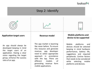 Step 2: Identify
Application target users Revenue model Mobile platforms and
device to be supported
An app should always be
developed keeping in mind
the target users of an
application. Having a clear
vision regarding the target
group, enhance the success
ratio of an app.
The app market is booming
like never before. To ensure
this resource and generate
revenue, app developer
need to select appropriate
approach in accordance
with the tap. There are
different models of
generating revenue form
mobile applications.
Mobile platforms and
devices should be selected
keeping in mind hardware
performance, battery life,
ruggedness and required
peripherals. Certine factors
that needs to be considered
while selecting mobile
platforms and devices.
 