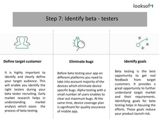 Step 7: Identify beta - testers
Define target customer Eliminate bugs Identify goals
It is highly important to
identify and clearly define
your target audience. This
will enable you identify the
right testers during your
beta tester recruiting. Early
market research helps in
understanding market
analysis which eases the
process of beta testing.
Before beta testing your app on
different platforms you need to
take into account majority of the
devices which eliminate device
specific bugs. Alpha testing with a
small number of users enables to
clear out maximum bugs. At the
same time, device coverage plan
is significant for quality assurance
of mobile app.
Beta testing is the best
opportunity to get real
feedback from target
customers. It provides a
great opportunity to further
understand target market
and their requirements.
Identifying goals for beta
testing helps in focusing the
efforts. These goals reduce
your product launch risk.
 
