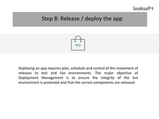 Deploying an app requires plan, schedule and control of the movement of
releases to test and live environments. The major objective of
Deployment Management is to ensure the integrity of the live
environment is protected and that the correct components are released.
Step 8: Release / deploy the app
 