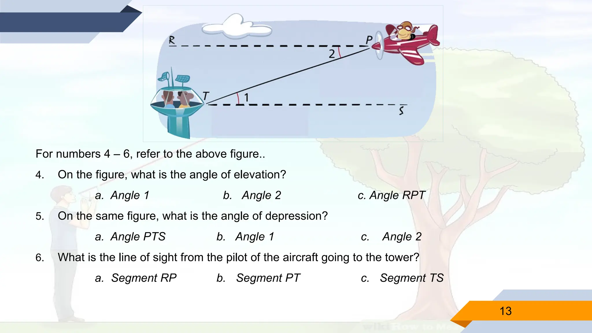 13
For numbers 4 – 6, refer to the above figure..
4. On the figure, what is the angle of elevation?
a. Angle 1 b. Angle 2 c. Angle RPT
5. On the same figure, what is the angle of depression?
a. Angle PTS b. Angle 1 c. Angle 2
6. What is the line of sight from the pilot of the aircraft going to the tower?
a. Segment RP b. Segment PT c. Segment TS
 