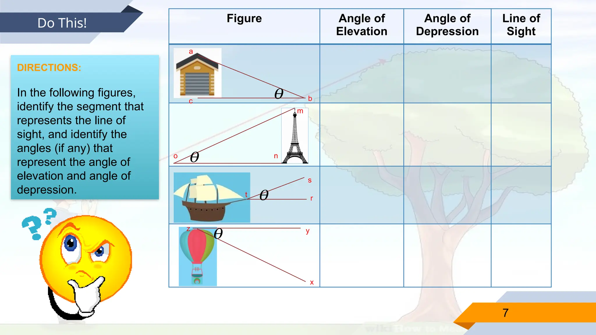 7
Do This! Figure Angle of
Elevation
Angle of
Depression
Line of
Sight
DIRECTIONS:
In the following figures,
identify the segment that
represents the line of
sight, and identify the
angles (if any) that
represent the angle of
elevation and angle of
depression.
a
b
c
m
n
o
𝜃
𝜃
𝜃
𝜃
r
s
t
y
x
z
 