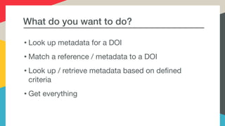 What do you want to do?
• Look up metadata for a DOI

• Match a reference / metadata to a DOI

• Look up / retrieve metada...