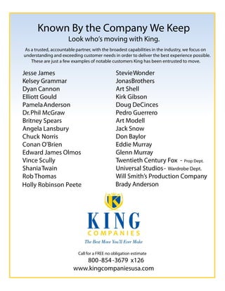 Known By the Company We Keep
                      Look who’s moving with King.
As a trusted, accountable partner, with the broadest capabilities in the industry, we focus on
understanding and exceeding customer needs in order to deliver the best experience possible.
   These are just a few examples of notable customers King has been entrusted to move.

Jesse James                                    Stevie Wonder
Kelsey Grammar                                 JonasBrothers
Dyan Cannon                                    Art Shell
Elliott Gould                                  Kirk Gibson
Pamela Anderson                                Doug DeCinces
Dr. Phil McGraw                                Pedro Guerrero
Britney Spears                                 Art Modell
Angela Lansbury                                Jack Snow
Chuck Norris                                   Don Baylor
Conan O’Brien                                  Eddie Murray
Edward James Olmos                             Glenn Murray
Vince Scully                                   Twentieth Century Fox - Prop Dept.
Shania Twain                                   Universal Studios - Wardrobe Dept.
Rob Thomas                                     Will Smith’s Production Company
Holly Robinson Peete                           Brady Anderson




                           Call for a FREE no obligation estimate
                           800 -854 -3679 x126
                        www.kingcompaniesusa.com
 