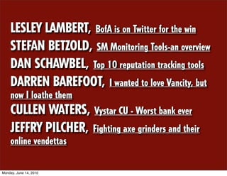 LESLEY LAMBERT, BofA is on Twitter for the win
    STEFAN BETZOLD, SM Monitoring Tools-an overview
    DAN SCHAWBEL, Top 10 reputation tracking tools
    DARREN BAREFOOT, I wanted to love Vancity, but
    now I loathe them
    CULLEN WATERS, Vystar CU - Worst bank ever
    JEFFRY PILCHER, Fighting axe grinders and their
    online vendettas

Monday, June 14, 2010
 