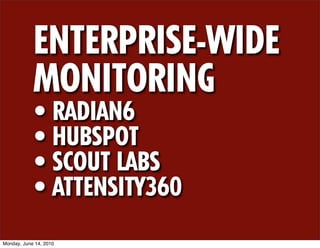 ENTERPRISE-WIDE
            MONITORING
            • RADIAN6
            • HUBSPOT
            • SCOUT LABS
            • ATTENSITY360
Monday, June 14, 2010
 