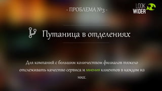 - ПРОБЛЕМА №3 -
Путаница в отделениях
Для компаний с большим количеством филиалов тяжело
отслеживать качество сервиса и мнения клиентов в каждом из
них.
 