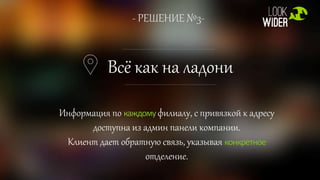 - РЕШЕНИЕ №3-
Всё как на ладони
Информация по каждому филиалу, с привязкой к адресу
доступна из админ панели компании.
Клиент дает обратную связь, указывая конкретное
отделение.
 