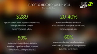 - ПРОСТО НЕКОТОРЫЕ ЦИФРЫ-
$289
средневзвешенная годовая стоимость
потери клиента, ухода к
конкурентам в США
Источник: Salesforce
20-40%
настолько больше тратят
пользователи, которым отвечают,
при возвращении.
50%
владельцев смартфонов хотят,
чтобы их проблемы были решены
через мобильное приложение.
60%
настолько больше зарабатывают
компании, у которых в приоритете
работа с клиентами
 