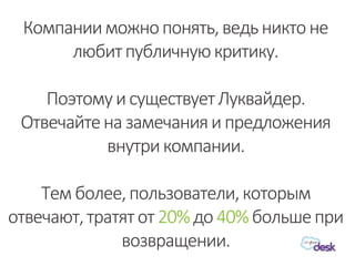 Компанииможнопонять,ведьниктоне
любитпубличнуюкритику.
ПоэтомуисуществуетЛуквайдер.
Отвечайтеназамечанияи предложения
внутрикомпании.
Темболее,пользователи,которым
отвечают,тратятот 20%до 40%большепри
возвращении.
 