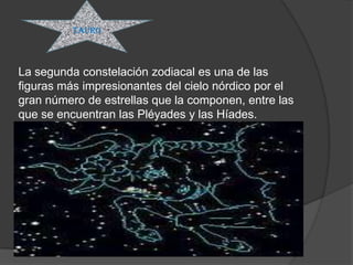 TAURO



La segunda constelación zodiacal es una de las
figuras más impresionantes del cielo nórdico por el
gran número de estrellas que la componen, entre las
que se encuentran las Pléyades y las Híades.
 