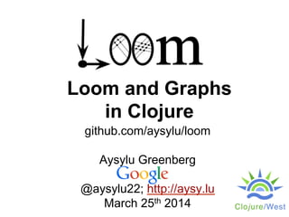 Loom and Graphs
in Clojure
github.com/aysylu/loom
Aysylu Greenberg
@aysylu22; http://aysy.lu
March 25th 2014
 