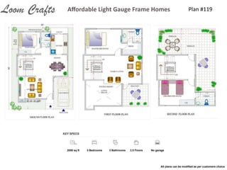 Plan	
  #119Aﬀordable	
  Light	
  Gauge	
  Frame	
  HomesLoom Crafts
2050 sq ft 3 Bedrooms 3 Bathrooms 2.5 Floors No garage
All plans can be modiﬁed as per customers choice
 