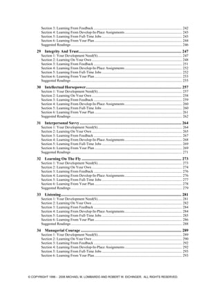 Section 3: Learning From Feedback ................................................................................................. 242
Section 4: Learning From Develop-In-Place Assignments............................................................... 243
Section 5: Learning From Full-Time Jobs ........................................................................................ 243
Section 6: Learning From Your Plan ................................................................................................ 244
Suggested Readings .......................................................................................................................... 246
29 Integrity And Trust....................................................................................................... 247
Section 1: Your Development Need(S)............................................................................................. 247
Section 2: Learning On Your Own ................................................................................................... 248
Section 3: Learning From Feedback ................................................................................................. 251
Section 4: Learning From Develop-In-Place Assignments............................................................... 252
Section 5: Learning From Full-Time Jobs ........................................................................................ 252
Section 6: Learning From Your Plan ................................................................................................ 253
Suggested Readings .......................................................................................................................... 255
30 Intellectual Horsepower................................................................................................ 257
Section 1: Your Development Need(S)............................................................................................. 257
Section 2: Learning On Your Own ................................................................................................... 258
Section 3: Learning From Feedback ................................................................................................. 259
Section 4: Learning From Develop-In-Place Assignments............................................................... 260
Section 5: Learning From Full-Time Jobs ........................................................................................ 260
Section 6: Learning From Your Plan ................................................................................................ 261
Suggested Readings .......................................................................................................................... 262
31 Interpersonal Savvy ...................................................................................................... 264
Section 1: Your Development Need(S)............................................................................................. 264
Section 2: Learning On Your Own ................................................................................................... 265
Section 3: Learning From Feedback ................................................................................................. 267
Section 4: Learning From Develop-In-Place Assignments............................................................... 268
Section 5: Learning From Full-Time Jobs ........................................................................................ 269
Section 6: Learning From Your Plan ................................................................................................ 269
Suggested Readings .......................................................................................................................... 271
32 Learning On The Fly .................................................................................................... 273
Section 1: Your Development Need(S)............................................................................................. 273
Section 2: Learning On Your Own ................................................................................................... 274
Section 3: Learning From Feedback ................................................................................................. 276
Section 4: Learning From Develop-In-Place Assignments............................................................... 276
Section 5: Learning From Full-Time Jobs ........................................................................................ 277
Section 6: Learning From Your Plan ................................................................................................ 278
Suggested Readings .......................................................................................................................... 279
33 Listening......................................................................................................................... 281
Section 1: Your Development Need(S)............................................................................................. 281
Section 2: Learning On Your Own ................................................................................................... 282
Section 3: Learning From Feedback ................................................................................................. 284
Section 4: Learning From Develop-In-Place Assignments............................................................... 284
Section 5: Learning From Full-Time Jobs ........................................................................................ 285
Section 6: Learning From Your Plan ................................................................................................ 286
Suggested Readings .......................................................................................................................... 288
34 Managerial Courage ..................................................................................................... 289
Section 1: Your Development Need(S)............................................................................................. 289
Section 2: Learning On Your Own ................................................................................................... 290
Section 3: Learning From Feedback ................................................................................................. 292
Section 4: Learning From Develop-In-Place Assignments............................................................... 292
Section 5: Learning From Full-Time Jobs ........................................................................................ 293
Section 6: Learning From Your Plan ................................................................................................ 293
© COPYRIGHT 1996 - 2006 MICHAEL M. LOMBARDO AND ROBERT W. EICHINGER. ALL RIGHTS RESERVED.
 