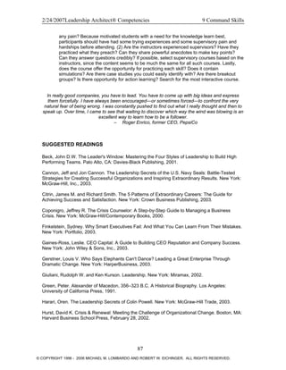 2/24/2007Leadership Architect® Competencies 9 Command Skills
any pain? Because motivated students with a need for the knowledge learn best,
participants should have had some trying experiences and some supervisory pain and
hardships before attending. (2) Are the instructors experienced supervisors? Have they
practiced what they preach? Can they share powerful anecdotes to make key points?
Can they answer questions credibly? If possible, select supervisory courses based on the
instructors, since the content seems to be much the same for all such courses. Lastly,
does the course offer the opportunity for practicing each skill? Does it contain
simulations? Are there case studies you could easily identify with? Are there breakout
groups? Is there opportunity for action learning? Search for the most interactive course.
In really good companies, you have to lead. You have to come up with big ideas and express
them forcefully. I have always been encouraged—or sometimes forced—to confront the very
natural fear of being wrong. I was constantly pushed to find out what I really thought and then to
speak up. Over time, I came to see that waiting to discover which way the wind was blowing is an
excellent way to learn how to be a follower.
– Roger Enrico, former CEO, PepsiCo
SUGGESTED READINGS
Beck, John D.W. The Leader's Window: Mastering the Four Styles of Leadership to Build High
Performing Teams. Palo Alto, CA: Davies-Black Publishing, 2001.
Cannon, Jeff and Jon Cannon. The Leadership Secrets of the U.S. Navy Seals: Battle-Tested
Strategies for Creating Successful Organizations and Inspiring Extraordinary Results. New York:
McGraw-Hill, Inc., 2003.
Citrin, James M. and Richard Smith. The 5 Patterns of Extraordinary Careers: The Guide for
Achieving Success and Satisfaction. New York: Crown Business Publishing, 2003.
Coponigro, Jeffrey R. The Crisis Counselor: A Step-by-Step Guide to Managing a Business
Crisis. New York: McGraw-Hill/Contemporary Books, 2000.
Finkelstein, Sydney. Why Smart Executives Fail: And What You Can Learn From Their Mistakes.
New York: Portfolio, 2003.
Gaines-Ross, Leslie. CEO Capital: A Guide to Building CEO Reputation and Company Success.
New York: John Wiley & Sons, Inc., 2003.
Gerstner, Louis V. Who Says Elephants Can't Dance? Leading a Great Enterprise Through
Dramatic Change. New York: HarperBusiness, 2003.
Giuliani, Rudolph W. and Ken Kurson. Leadership. New York: Miramax, 2002.
Green, Peter. Alexander of Macedon, 356–323 B.C. A Historical Biography. Los Angeles:
University of California Press, 1991.
Harari, Oren. The Leadership Secrets of Colin Powell. New York: McGraw-Hill Trade, 2003.
Hurst, David K. Crisis & Renewal: Meeting the Challenge of Organizational Change. Boston, MA:
Harvard Business School Press, February 28, 2002.
87
© COPYRIGHT 1996 - 2006 MICHAEL M. LOMBARDO AND ROBERT W. EICHINGER. ALL RIGHTS RESERVED.
 