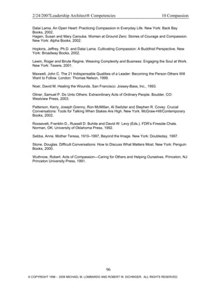 2/24/2007Leadership Architect® Competencies 10 Compassion
Dalai Lama. An Open Heart: Practicing Compassion in Everyday Life. New York: Back Bay
Books, 2002.
Hagen, Susan and Mary Carouba. Women at Ground Zero: Stories of Courage and Compassion.
New York: Alpha Books, 2002.
Hopkins, Jeffrey, Ph.D. and Dalai Lama. Cultivating Compassion: A Buddhist Perspective. New
York: Broadway Books, 2002.
Lewin, Roger and Birute Regine. Weaving Complexity and Business: Engaging the Soul at Work.
New York: Texere, 2001.
Maxwell, John C. The 21 Indispensable Qualities of a Leader: Becoming the Person Others Will
Want to Follow. London: Thomas Nelson, 1999.
Noer, David M. Healing the Wounds. San Francisco: Jossey-Bass, Inc., 1993.
Oliner, Samuel P. Do Unto Others: Extraordinary Acts of Ordinary People. Boulder, CO:
Westview Press, 2003.
Patterson, Kerry, Joseph Grenny, Ron McMillan, Al Switzler and Stephen R. Covey. Crucial
Conversations: Tools for Talking When Stakes Are High. New York: McGraw-Hill/Contemporary
Books, 2002.
Roosevelt, Franklin D., Russell D. Buhite and David W. Levy (Eds.). FDR’s Fireside Chats.
Norman, OK: University of Oklahoma Press, 1992.
Sebba, Anne. Mother Teresa, 1910–1997, Beyond the Image. New York: Doubleday, 1997.
Stone, Douglas. Difficult Conversations: How to Discuss What Matters Most. New York: Penguin
Books, 2000.
Wuthnow, Robert. Acts of Compassion—Caring for Others and Helping Ourselves. Princeton, NJ:
Princeton University Press, 1991.
96
© COPYRIGHT 1996 - 2006 MICHAEL M. LOMBARDO AND ROBERT W. EICHINGER. ALL RIGHTS RESERVED.
 