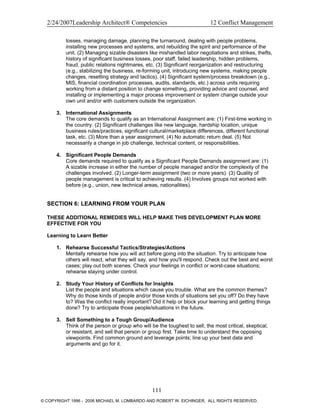 2/24/2007Leadership Architect® Competencies 12 Conflict Management
losses, managing damage, planning the turnaround, dealing with people problems,
installing new processes and systems, and rebuilding the spirit and performance of the
unit. (2) Managing sizable disasters like mishandled labor negotiations and strikes, thefts,
history of significant business losses, poor staff, failed leadership, hidden problems,
fraud, public relations nightmares, etc. (3) Significant reorganization and restructuring
(e.g., stabilizing the business, re-forming unit, introducing new systems, making people
changes, resetting strategy and tactics). (4) Significant system/process breakdown (e.g.,
MIS, financial coordination processes, audits, standards, etc.) across units requiring
working from a distant position to change something, providing advice and counsel, and
installing or implementing a major process improvement or system change outside your
own unit and/or with customers outside the organization.
3. International Assignments
The core demands to qualify as an International Assignment are: (1) First-time working in
the country. (2) Significant challenges like new language, hardship location, unique
business rules/practices, significant cultural/marketplace differences, different functional
task, etc. (3) More than a year assignment. (4) No automatic return deal. (5) Not
necessarily a change in job challenge, technical content, or responsibilities.
4. Significant People Demands
Core demands required to qualify as a Significant People Demands assignment are: (1)
A sizable increase in either the number of people managed and/or the complexity of the
challenges involved. (2) Longer-term assignment (two or more years). (3) Quality of
people management is critical to achieving results. (4) Involves groups not worked with
before (e.g., union, new technical areas, nationalities).
SECTION 6: LEARNING FROM YOUR PLAN
THESE ADDITIONAL REMEDIES WILL HELP MAKE THIS DEVELOPMENT PLAN MORE
EFFECTIVE FOR YOU
Learning to Learn Better
1. Rehearse Successful Tactics/Strategies/Actions
Mentally rehearse how you will act before going into the situation. Try to anticipate how
others will react, what they will say, and how you'll respond. Check out the best and worst
cases; play out both scenes. Check your feelings in conflict or worst-case situations;
rehearse staying under control.
2. Study Your History of Conflicts for Insights
List the people and situations which cause you trouble. What are the common themes?
Why do those kinds of people and/or those kinds of situations set you off? Do they have
to? Was the conflict really important? Did it help or block your learning and getting things
done? Try to anticipate those people/situations in the future.
3. Sell Something to a Tough Group/Audience
Think of the person or group who will be the toughest to sell, the most critical, skeptical,
or resistant, and sell that person or group first. Take time to understand the opposing
viewpoints. Find common ground and leverage points; line up your best data and
arguments and go for it.
111
© COPYRIGHT 1996 - 2006 MICHAEL M. LOMBARDO AND ROBERT W. EICHINGER. ALL RIGHTS RESERVED.
 