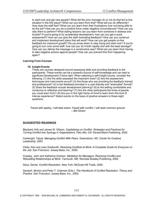 2/24/2007Leadership Architect® Competencies 12 Conflict Management
to start over and get new people? What did the prior manager do or not do that led to this
situation in the first place? What can you learn from that? What will you do differently?
How does the staff feel? What can you learn from their frustrations over not being able to
do the job? How can you be a positive force under negative circumstances? How can you
rally them to perform? What lasting lessons can you learn from someone in distress and
trouble? If you're going to try accelerated development, how can you get a quick
assessment? How can you give the staff motivating feedback? How can you construct
and implement development plans that will work? How can you get people on-line
feedback for maximum growth? Do you know when to stop trying and start over? If you're
going to turn over some staff, how can you do it both rapidly and with the least damage?
How can you deliver the message in a constructive way? What can you learn from having
to take negative actions against people? How can you prevent this from happening
again?
Learning From Courses
10. Insight Events
These are courses designed around assessing skills and providing feedback to the
participants. These events can be a powerful source of self-knowledge and can lead to
significant development if done right. When selecting a self-insight course, consider the
following: (1) Are the skills assessed the important ones? (2) Are the assessment
techniques and instruments sound? (3) Are those who are providing the feedback trained
and professional? (4) Is the feedback provided in a user-friendly and "actionable" format?
(5) Does the feedback include development planning? (6) Is the setting comfortable and
conducive to reflection and learning? (7) Are the other participants the kinds of people
you could learn from? (8) Are you in the right frame of mind to learn from this kind of
intense experience? Select events on the basis of positive answers to these eight
questions.
Faced with apathy, I will take action. Faced with conflict, I will seek common ground.
– Bill Clinton
SUGGESTED READINGS
Blackard, Kirk and James W. Gibson. Capitalizing on Conflict: Strategies and Practices for
Turning Conflict Into Synergy in Organizations. Palo Alto, CA: Davies-Black Publishing, 2002.
Cartwright, Tatula. Managing Conflict With Peers. Greensboro, NC: Center for Creative
Leadership, 2003.
Cloke, Ken and Joan Goldsmith. Resolving Conflicts at Work: A Complete Guide for Everyone on
the Job. San Francisco: Jossey-Bass, Inc., 2000.
Crawley, John and Katherine Graham. Mediation for Managers: Resolving Conflict and
Rebuilding Relationships at Work. Yarmouth, ME: Nicholas Brealey Publishing, 2002.
Dana, Daniel. Conflict Resolution. New York: McGraw-Hill Trade, 2000.
Deutsch, Morton and Peter T. Coleman (Eds.). The Handbook of Conflict Resolution: Theory and
Practice. San Francisco: Jossey-Bass, Inc., 2000.
113
© COPYRIGHT 1996 - 2006 MICHAEL M. LOMBARDO AND ROBERT W. EICHINGER. ALL RIGHTS RESERVED.
 