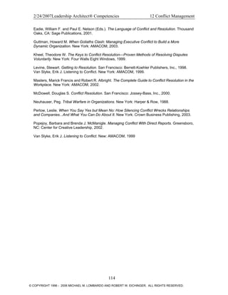 2/24/2007Leadership Architect® Competencies 12 Conflict Management
Eadie, William F. and Paul E. Nelson (Eds.). The Language of Conflict and Resolution. Thousand
Oaks, CA: Sage Publications, 2001.
Guttman, Howard M. When Goliaths Clash: Managing Executive Conflict to Build a More
Dynamic Organization. New York: AMACOM, 2003.
Kheel, Theodore W. The Keys to Conflict Resolution—Proven Methods of Resolving Disputes
Voluntarily. New York: Four Walls Eight Windows, 1999.
Levine, Stewart. Getting to Resolution. San Francisco: Berrett-Koehler Publishers, Inc., 1998.
Van Slyke, Erik J. Listening to Conflict. New York: AMACOM, 1999.
Masters, Marick Francis and Robert R. Albright. The Complete Guide to Conflict Resolution in the
Workplace. New York: AMACOM, 2002.
McDowell, Douglas S. Conflict Resolution. San Francisco: Jossey-Bass, Inc., 2000.
Neuhauser, Peg. Tribal Warfare in Organizations. New York: Harper & Row, 1988.
Perlow, Leslie. When You Say Yes but Mean No: How Silencing Conflict Wrecks Relationships
and Companies...And What You Can Do About It. New York: Crown Business Publishing, 2003.
Popejoy, Barbara and Brenda J. McManigle. Managing Conflict With Direct Reports. Greensboro,
NC: Center for Creative Leadership, 2002.
Van Slyke, Erik J. Listening to Conflict. New: AMACOM, 1999
114
© COPYRIGHT 1996 - 2006 MICHAEL M. LOMBARDO AND ROBERT W. EICHINGER. ALL RIGHTS RESERVED.
 