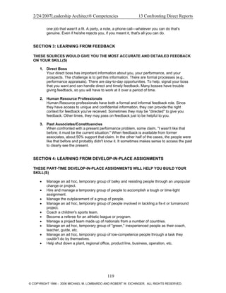 2/24/2007Leadership Architect® Competencies 13 Confronting Direct Reports
one job that wasn't a fit. A party, a note, a phone call—whatever you can do that's
genuine. Even if he/she rejects you, if you meant it, that's all you can do.
SECTION 3: LEARNING FROM FEEDBACK
THESE SOURCES WOULD GIVE YOU THE MOST ACCURATE AND DETAILED FEEDBACK
ON YOUR SKILL(S)
1. Direct Boss
Your direct boss has important information about you, your performance, and your
prospects. The challenge is to get this information. There are formal processes (e.g.,
performance appraisals). There are day-to-day opportunities. To help, signal your boss
that you want and can handle direct and timely feedback. Many bosses have trouble
giving feedback, so you will have to work at it over a period of time.
2. Human Resource Professionals
Human Resource professionals have both a formal and informal feedback role. Since
they have access to unique and confidential information, they can provide the right
context for feedback you've received. Sometimes they may be "directed" to give you
feedback. Other times, they may pass on feedback just to be helpful to you.
3. Past Associates/Constituencies
When confronted with a present performance problem, some claim, "I wasn't like that
before; it must be the current situation." When feedback is available from former
associates, about 50% support that claim. In the other half of the cases, the people were
like that before and probably didn't know it. It sometimes makes sense to access the past
to clearly see the present.
SECTION 4: LEARNING FROM DEVELOP-IN-PLACE ASSIGNMENTS
THESE PART-TIME DEVELOP-IN-PLACE ASSIGNMENTS WILL HELP YOU BUILD YOUR
SKILL(S)
• Manage an ad hoc, temporary group of balky and resisting people through an unpopular
change or project.
• Hire and manage a temporary group of people to accomplish a tough or time-tight
assignment.
• Manage the outplacement of a group of people.
• Manage an ad hoc, temporary group of people involved in tackling a fix-it or turnaround
project.
• Coach a children's sports team.
• Become a referee for an athletic league or program.
• Manage a project team made up of nationals from a number of countries.
• Manage an ad hoc, temporary group of "green," inexperienced people as their coach,
teacher, guide, etc.
• Manage an ad hoc, temporary group of low-competence people through a task they
couldn't do by themselves.
• Help shut down a plant, regional office, product line, business, operation, etc.
119
© COPYRIGHT 1996 - 2006 MICHAEL M. LOMBARDO AND ROBERT W. EICHINGER. ALL RIGHTS RESERVED.
 
