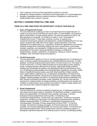 2/24/2007Leadership Architect® Competencies 15 Customer Focus
• Train customers in the use of the organization's products or services.
• Manage the interface between consultants and the organization on a critical assignment.
• Manage a dissatisfied internal or external customer; troubleshoot a performance or
quality problem with a product or service.
SECTION 5: LEARNING FROM FULL-TIME JOBS
THESE FULL-TIME JOBS OFFER THE OPPORTUNITY TO BUILD YOUR SKILL(S)
1. Chair of Projects/Task Forces
The core demands for qualifying as Chair of a Project/Task Force assignment are: (1)
Leader of a group with an important and specific goal. (2) Tight deadline. (3) Success or
failure will be evident. (4) High-visibility sponsor. (5) Learning something on the fly. (6)
Must get others to cooperate. (7) Usually six months or more. Three types of
Projects/Task Forces: (1) New ideas, products, services, or systems (e.g.,
product/service/program research and development, creation/installation/launch of a new
system, programs like TQM, ISO and Six Sigma, positive discipline). (2) Formal
negotiations and relationships (e.g., acquisitions; divestitures; agreements; joint ventures;
licensing arrangements; franchising; dealing with unions, governments, communities,
charities, customers, and relocations). (3) Big one-time events (e.g., working on a major
presentation for the board; organizing significant meetings or conferences;
reorganizations, mergers, acquisitions, or relocations; working on visions, charters,
strategies, other time-urgent issues and problems).
2. Fix-Its/Turnarounds
The core demands to qualify as a Fix-it or Turnaround assignment are: (1) Cleaning up a
mess. (2) Serious people issues/problems like credibility/performance/morale. (3) Tight
deadline. (4) Serious business performance failure. (5) Last chance to fix. Four types of
Fix-its/Turnarounds: (1) Fixing a failed business/unit involving taking control, stopping
losses, managing damage, planning the turnaround, dealing with people problems,
installing new processes and systems, and rebuilding the spirit and performance of the
unit. (2) Managing sizable disasters like mishandled labor negotiations and strikes, thefts,
history of significant business losses, poor staff, failed leadership, hidden problems,
fraud, public relations nightmares, etc. (3) Significant reorganization and restructuring
(e.g., stabilizing the business, re-forming unit, introducing new systems, making people
changes, resetting strategy and tactics). (4) Significant system/process breakdown (e.g.,
MIS, financial coordination processes, audits, standards, etc.) across units requiring
working from a distant position to change something, providing advice and counsel, and
installing or implementing a major process improvement or system change outside your
own unit and/or with customers outside the organization.
3. Scope Assignments
The core demands for a Scope (complexity) assignment are: (1) Significant increase in
both internal and external scope or complexity. (2) Significant increase in visibility and/or
bottom-line responsibility. (3) Unfamiliar area, business, technology, or territory.
Examples of Scope assignments involving shifts: (1) Switching to new
function/technology/business. (2) Moving to new organization. (3) Moving to overseas
assignment. (4) Moving to new location. (5) Adding new products/services. (6) Moving
between headquarters/field. (7) Switches in ownership/top management of the
unit/organization. Examples of Scope assignments involving "firsts": (1) First-time
manager. (2) First-time managing managers. (3) First-time executive. (4) First-time
overseas. (5) First-time headquarters/field. (6) First-time team leader. (7) First-time new
technology/business/function. Scope assignments involving increased complexity: (1)
Managing a significant expansion of an existing product or service. (2) Managing adding
137
© COPYRIGHT 1996 - 2006 MICHAEL M. LOMBARDO AND ROBERT W. EICHINGER. ALL RIGHTS RESERVED.
 