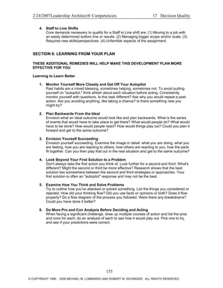 2/24/2007Leadership Architect® Competencies 17 Decision Quality
4. Staff to Line Shifts
Core demands necessary to qualify for a Staff to Line shift are: (1) Moving to a job with
an easily determined bottom line or results. (2) Managing bigger scope and/or scale. (3)
Requires new skills/perspectives. (4) Unfamiliar aspects of the assignment.
SECTION 6: LEARNING FROM YOUR PLAN
THESE ADDITIONAL REMEDIES WILL HELP MAKE THIS DEVELOPMENT PLAN MORE
EFFECTIVE FOR YOU
Learning to Learn Better
1. Monitor Yourself More Closely and Get Off Your Autopilot
Past habits are a mixed blessing, sometimes helping, sometimes not. To avoid putting
yourself on "autopilot," think afresh about each situation before acting. Consistently
monitor yourself with questions. Is this task different? Ask why you would repeat a past
action. Are you avoiding anything, like taking a chance? Is there something new you
might try?
2. Plan Backwards From the Ideal
Envision what an ideal outcome would look like and plan backwards. What is the series
of events that would have to take place to get there? What would people do? What would
have to be done? How would people react? How would things play out? Could you plan it
forward and get to the same outcome?
3. Envision Yourself Succeeding
Envision yourself succeeding. Examine the image in detail: what you are doing, what you
are feeling, how you are reacting to others, how others are reacting to you, how the parts
fit together. Can you then play that out in the real situation and get to the same outcome?
4. Look Beyond Your First Solution to a Problem
Don't always take the first action you think of. Look further for a second and third: What's
different? Might the second or third be more effective? Research shows that the best
solution lies somewhere between the second and third strategies or approaches. Your
first solution is often an "autopilot" response and may not be the best.
5. Examine How You Think and Solve Problems
Try to outline how you've attacked or solved something. List the things you considered or
rejected. How did your thinking flow? Did you use facts or opinions or both? Does it flow
properly? Do a flow diagram of the process you followed. Were there any breakdowns?
Could you have done it better?
6. Do More Pro and Con Analysis Before Deciding and Acting
When facing a significant challenge, draw up multiple courses of action and list the pros
and cons for each; do an analysis of each to see how it would play out. Pick one to try,
and see if your predictions were correct.
155
© COPYRIGHT 1996 - 2006 MICHAEL M. LOMBARDO AND ROBERT W. EICHINGER. ALL RIGHTS RESERVED.
 