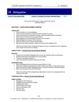 2/24/2007Leadership Architect® Competencies 18 Delegation
18 Delegation
Factor II: Operating Skills Cluster F: Getting Work Done Through Others II - F
18 Delegation
I not only use all the brains I have, but all I can borrow.
– Woodrow Wilson
SECTION 1: YOUR DEVELOPMENT NEED(S)
UNSKILLED
• Doesn't believe in or trust delegation
• Lacks trust and respect in the talent of direct reports and others
• Does most things by him/herself or hoards, keeps the good stuff for him/herself
• Doesn't want or know how to empower others
• May delegate but micromanages and looks over shoulders
• Might delegate but not pass on the authority
• May lack a plan of how to work through others
• May just throw tasks at people; doesn't communicate the bigger picture
Select one to three of the competencies below to use as a substitute for this competency
if you decide not to work on it directly.
SUBSTITUTES: 7,19,20,21,23,27,33,35,36,39,47,56,60,64
SKILLED
• Clearly and comfortably delegates both routine and important tasks and decisions
• Broadly shares both responsibility and accountability
• Tends to trust people to perform
• Lets direct reports and others finish their own work
OVERUSED SKILL
• May overdelegate without providing enough direction or help
• May have unrealistic expectations for direct reports and others, or may overstructure
tasks and decisions before delegating them to the point of limiting individual initiative
• May not do enough of the work him/herself
Select one to three of the competencies listed below to work on to compensate for an
overuse of this skill.
COMPENSATORS: 7,19,20,21,23,33,35,36,57,60,63,64
SOME CAUSES
• Delegate but don't follow up
• Delegate by throwing tasks at people
• Delegate little pieces
• Don't develop your people
• Hoard most things to self
• Not plan work
• Not trust others
158
© COPYRIGHT 1996 - 2006 MICHAEL M. LOMBARDO AND ROBERT W. EICHINGER. ALL RIGHTS RESERVED.
 
