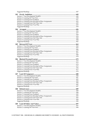 Suggested Readings .......................................................................................................................... 647
103 Overly Ambitious ........................................................................................................ 649
Section 1: Your Development Need(S)............................................................................................. 649
Section 2: Learning On Your Own ................................................................................................... 650
Section 3: Learning From Feedback ................................................................................................. 651
Section 4: Learning From Develop-In-Place Assignments............................................................... 652
Section 5: Learning From Full-Time Jobs ........................................................................................ 652
Section 6: Learning From Your Plan ................................................................................................ 653
Suggested Readings .......................................................................................................................... 654
104 Arrogant....................................................................................................................... 656
Section 1: Your Development Need(S)............................................................................................. 656
Section 2: Learning On Your Own ................................................................................................... 657
Section 3: Learning From Feedback ................................................................................................. 659
Section 4: Learning From Develop-In-Place Assignments............................................................... 659
Section 5: Learning From Full-Time Jobs ........................................................................................ 660
Section 6: Learning From Your Plan ................................................................................................ 660
Suggested Readings .......................................................................................................................... 662
105 Betrayal Of Trust........................................................................................................ 664
Section 1: Your Development Need(S)............................................................................................. 664
Section 2: Learning On Your Own ................................................................................................... 665
Section 3: Learning From Feedback ................................................................................................. 666
Section 4: Learning From Develop-In-Place Assignments............................................................... 667
Section 5: Learning From Full-Time Jobs ........................................................................................ 667
Section 6: Learning From Your Plan ................................................................................................ 668
Suggested Readings .......................................................................................................................... 670
106 Blocked Personal Learner .......................................................................................... 672
Section 1: Your Development Need(S)............................................................................................. 672
Section 2: Learning On Your Own ................................................................................................... 673
Section 3: Learning From Feedback ................................................................................................. 674
Section 4: Learning From Develop-In-Place Assignments............................................................... 675
Section 5: Learning From Full-Time Jobs ........................................................................................ 676
Section 6: Learning From Your Plan ................................................................................................ 677
Suggested Readings .......................................................................................................................... 678
107 Lack Of Composure.................................................................................................... 680
Section 1: Your Development Need(S)............................................................................................. 680
Section 2: Learning On Your Own ................................................................................................... 681
Section 3: Learning From Feedback ................................................................................................. 683
Section 4: Learning From Develop-In-Place Assignments............................................................... 684
Section 5: Learning From Full-Time Jobs ........................................................................................ 684
Section 6: Learning From Your Plan ................................................................................................ 685
Suggested Readings .......................................................................................................................... 687
108 Defensiveness ............................................................................................................... 689
Section 1: Your Development Need(S)............................................................................................. 689
Section 2: Learning On Your Own ................................................................................................... 690
Section 3: Learning From Feedback ................................................................................................. 692
Section 4: Learning From Develop-In-Place Assignments............................................................... 693
Section 5: Learning From Full-Time Jobs ........................................................................................ 693
Section 6: Learning From Your Plan ................................................................................................ 694
Suggested Readings .......................................................................................................................... 696
109 Lack Of Ethics And Values........................................................................................ 697
Section 1: Your Development Need(S)............................................................................................. 697
Section 2: Learning On Your Own ................................................................................................... 698
© COPYRIGHT 1996 - 2006 MICHAEL M. LOMBARDO AND ROBERT W. EICHINGER. ALL RIGHTS RESERVED.
 