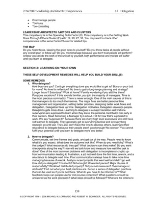 2/24/2007Leadership Architect® Competencies 18 Delegation
• Overmanage people
• Too busy
• Too controlling
LEADERSHIP ARCHITECT® FACTORS AND CLUSTERS
This competency is in the Operating Skills Factor (II). This competency is in the Getting Work
Done Through Others Cluster (F) with: 19, 20, 27, 35. You may want to check other
competencies in the same Factor/Cluster for related tips.
THE MAP
Do you hoard tasks, keeping the good ones to yourself? Do you throw tasks at people without
any overall plan or follow-up? Do you micromanage because you don't trust people will perform?
Unless you can do the work of the unit all by yourself, both performance and morale will suffer
until you learn to delegate.
SECTION 2: LEARNING ON YOUR OWN
THESE SELF-DEVELOPMENT REMEDIES WILL HELP YOU BUILD YOUR SKILL(S)
SOME REMEDIES
1. Why delegate?
How busy are you? Can't get everything done you would like to get to? Boss on your butt
for more? No time for reflection? No time to get to long-range planning and strategy?
Longer hours? Saturdays? Work at home? Family wondering if you still live there?
Postpone vacations? If this sounds familiar, you join the majority of managers. Time is
the most precious commodity. There is never enough. One of the main causes of this is
that managers do too much themselves. The major fixes are better personal time
management and organization, setting better priorities, designing better work flows and
delegation. Delegation frees up time. Delegation motivates. Delegation develops people.
Delegation gets more done. Learning to delegate is a major transition skill first-line
supervisors are supposed to learn when they leave the personal contributor role early in
their careers. Read Becoming a Manager by Linda A. Hill for how that's supposed to
work. We say "supposed to" because there are many high level executives who still have
not learned to delegate. They generally get to everything tactical and let everything
strategic go until last. They also don't have the time to develop others, leading to their
reluctance to delegate because their people aren't good enough! No wonder. You cannot
fulfill your potential until you learn to delegate more and better.
2. How to delegate?
Communicate, set time frames and goals, and get out of the way. People need to know
what it is you expect. What does the outcome look like? When do you need it by? What’s
the budget? What resources do they get? What decisions can they make? Do you want
checkpoints along the way? How will we both know and measure how well the task is
done? One of the most common problems with delegation is incomplete or cryptic up-
front communication leading to frustration, a job not well done the first time, rework, and a
reluctance to delegate next time. Poor communicators always have to take more time
managing because of rework. Analyze recent projects that went well and didn’t go well.
How did you delegate? Too much? Not enough? Unwanted pieces? Major chunks of
responsibility? Workload distributed properly? Did you set measures? Overmanage or
abdicate? Find out what your best practices are. Set up a series of delegation practices
that can be used as if you’re not there. What do you have to be informed of? What
feedback loops can people use for mid-course correction? What questions should be
answered as the work proceeds? What steps should be followed? What are the criteria to
159
© COPYRIGHT 1996 - 2006 MICHAEL M. LOMBARDO AND ROBERT W. EICHINGER. ALL RIGHTS RESERVED.
 