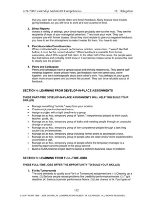 2/24/2007Leadership Architect® Competencies 18 Delegation
that you want and can handle direct and timely feedback. Many bosses have trouble
giving feedback, so you will have to work at it over a period of time.
2. Direct Reports
Across a variety of settings, your direct reports probably see you the most. They are the
recipients of most of your managerial behaviors. They know your work. They can
compare you with former bosses. Since they may hesitate to give you negative feedback,
you have to set the atmosphere to make it easier for them. You have to ask.
3. Past Associates/Constituencies
When confronted with a present performance problem, some claim, "I wasn't like that
before; it must be the current situation." When feedback is available from former
associates, about 50% support that claim. In the other half of the cases, the people were
like that before and probably didn't know it. It sometimes makes sense to access the past
to clearly see the present.
4. Peers and Colleagues
Peers and colleagues have a special social and working relationship. They attend staff
meetings together, share private views, get feedback from the same boss, travel
together, and are knowledgeable about each other's work. You perhaps let your guard
down more around peers and act more like yourself. They can be a valuable source of
feedback.
SECTION 4: LEARNING FROM DEVELOP-IN-PLACE ASSIGNMENTS
THESE PART-TIME DEVELOP-IN-PLACE ASSIGNMENTS WILL HELP YOU BUILD YOUR
SKILL(S)
• Manage something "remote," away from your location.
• Create employee involvement teams.
• Assign a project with a tight deadline to a group.
• Manage an ad hoc, temporary group of "green," inexperienced people as their coach,
teacher, guide, etc.
• Manage an ad hoc, temporary group of balky and resisting people through an unpopular
change or project.
• Manage an ad hoc, temporary group of low-competence people through a task they
couldn't do by themselves.
• Manage an ad hoc, temporary group including former peers to accomplish a task.
• Manage an ad hoc, temporary group of people who are older and/or more experienced to
accomplish a task.
• Manage an ad hoc, temporary group of people where the temporary manager is a
towering expert and the people in the group are not.
• Build a multifunctional project team to tackle a common business issue or problem.
SECTION 5: LEARNING FROM FULL-TIME JOBS
THESE FULL-TIME JOBS OFFER THE OPPORTUNITY TO BUILD YOUR SKILL(S)
1. Fix-Its/Turnarounds
The core demands to qualify as a Fix-it or Turnaround assignment are: (1) Cleaning up a
mess. (2) Serious people issues/problems like credibility/performance/morale. (3) Tight
deadline. (4) Serious business performance failure. (5) Last chance to fix. Four types of
162
© COPYRIGHT 1996 - 2006 MICHAEL M. LOMBARDO AND ROBERT W. EICHINGER. ALL RIGHTS RESERVED.
 