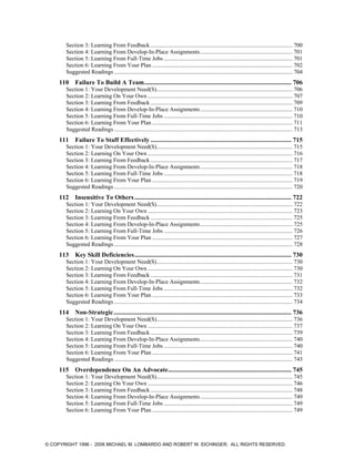 Section 3: Learning From Feedback ................................................................................................. 700
Section 4: Learning From Develop-In-Place Assignments............................................................... 701
Section 5: Learning From Full-Time Jobs ........................................................................................ 701
Section 6: Learning From Your Plan ................................................................................................ 702
Suggested Readings .......................................................................................................................... 704
110 Failure To Build A Team............................................................................................ 706
Section 1: Your Development Need(S)............................................................................................. 706
Section 2: Learning On Your Own ................................................................................................... 707
Section 3: Learning From Feedback ................................................................................................. 709
Section 4: Learning From Develop-In-Place Assignments............................................................... 710
Section 5: Learning From Full-Time Jobs ........................................................................................ 710
Section 6: Learning From Your Plan ................................................................................................ 711
Suggested Readings .......................................................................................................................... 713
111 Failure To Staff Effectively ........................................................................................ 715
Section 1: Your Development Need(S)............................................................................................. 715
Section 2: Learning On Your Own ................................................................................................... 716
Section 3: Learning From Feedback ................................................................................................. 717
Section 4: Learning From Develop-In-Place Assignments............................................................... 718
Section 5: Learning From Full-Time Jobs ........................................................................................ 718
Section 6: Learning From Your Plan ................................................................................................ 719
Suggested Readings .......................................................................................................................... 720
112 Insensitive To Others.................................................................................................. 722
Section 1: Your Development Need(S)............................................................................................. 722
Section 2: Learning On Your Own ................................................................................................... 723
Section 3: Learning From Feedback ................................................................................................. 725
Section 4: Learning From Develop-In-Place Assignments............................................................... 725
Section 5: Learning From Full-Time Jobs ........................................................................................ 726
Section 6: Learning From Your Plan ................................................................................................ 727
Suggested Readings .......................................................................................................................... 728
113 Key Skill Deficiencies.................................................................................................. 730
Section 1: Your Development Need(S)............................................................................................. 730
Section 2: Learning On Your Own ................................................................................................... 730
Section 3: Learning From Feedback ................................................................................................. 731
Section 4: Learning From Develop-In-Place Assignments............................................................... 732
Section 5: Learning From Full-Time Jobs ........................................................................................ 732
Section 6: Learning From Your Plan ................................................................................................ 733
Suggested Readings .......................................................................................................................... 734
114 Non-Strategic............................................................................................................... 736
Section 1: Your Development Need(S)............................................................................................. 736
Section 2: Learning On Your Own ................................................................................................... 737
Section 3: Learning From Feedback ................................................................................................. 739
Section 4: Learning From Develop-In-Place Assignments............................................................... 740
Section 5: Learning From Full-Time Jobs ........................................................................................ 740
Section 6: Learning From Your Plan ................................................................................................ 741
Suggested Readings .......................................................................................................................... 743
115 Overdependence On An Advocate............................................................................. 745
Section 1: Your Development Need(S)............................................................................................. 745
Section 2: Learning On Your Own ................................................................................................... 746
Section 3: Learning From Feedback ................................................................................................. 748
Section 4: Learning From Develop-In-Place Assignments............................................................... 749
Section 5: Learning From Full-Time Jobs ........................................................................................ 749
Section 6: Learning From Your Plan ................................................................................................ 749
© COPYRIGHT 1996 - 2006 MICHAEL M. LOMBARDO AND ROBERT W. EICHINGER. ALL RIGHTS RESERVED.
 