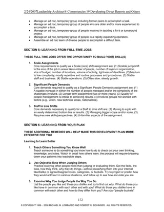 2/24/2007Leadership Architect® Competencies 19 Developing Direct Reports and Others
• Manage an ad hoc, temporary group including former peers to accomplish a task.
• Manage an ad hoc, temporary group of people who are older and/or more experienced to
accomplish a task.
• Manage an ad hoc, temporary group of people involved in tackling a fix-it or turnaround
project.
• Manage an ad hoc, temporary group of people in a rapidly expanding operation.
• Assemble an ad hoc team of diverse people to accomplish a difficult task.
SECTION 5: LEARNING FROM FULL-TIME JOBS
THESE FULL-TIME JOBS OFFER THE OPPORTUNITY TO BUILD YOUR SKILL(S)
1. Scale Assignments
Core requirements to qualify as a Scale (size) shift assignment are: (1) Sizable jump/shift
in the size of the job in areas like number of people, number of layers in organization,
size of budget, number of locations, volume of activity, tightness of deadlines. (2) Medium
to low complexity; mostly repetitive and routine processes and procedures. (3) Stable
staff and business. (4) Stable operations. (5) Often slow, steady growth.
2. Significant People Demands
Core demands required to qualify as a Significant People Demands assignment are: (1)
A sizable increase in either the number of people managed and/or the complexity of the
challenges involved. (2) Longer-term assignment (two or more years). (3) Quality of
people management is critical to achieving results. (4) Involves groups not worked with
before (e.g., union, new technical areas, nationalities).
3. Staff to Line Shifts
Core demands necessary to qualify for a Staff to Line shift are: (1) Moving to a job with
an easily determined bottom line or results. (2) Managing bigger scope and/or scale. (3)
Requires new skills/perspectives. (4) Unfamiliar aspects of the assignment.
SECTION 6: LEARNING FROM YOUR PLAN
THESE ADDITIONAL REMEDIES WILL HELP MAKE THIS DEVELOPMENT PLAN MORE
EFFECTIVE FOR YOU
Learning to Learn Better
1. Teach Others Something You Know Well
Teach someone to do something you know how to do to check out your own thinking,
knowledge, and rules. Watch in detail how others learn; the process will require breaking
down your patterns into teachable steps.
2. Use Objective Data When Judging Others
Practice studying other people more than judging or evaluating them. Get the facts, the
data, how they think, why they do things—without classifying them into your internal
like/dislike or agree/disagree boxes, categories, or buckets. Try to project or predict how
they would act/react in various situations, and follow up to see how accurate you are.
3. Examine Why You Judge People the Way You Do
List the people you like and those you dislike and try to find out why. What do those you
like have in common with each other and with you? What do those you dislike have in
common with each other and how do they differ from you? Are your "people buckets"
172
© COPYRIGHT 1996 - 2006 MICHAEL M. LOMBARDO AND ROBERT W. EICHINGER. ALL RIGHTS RESERVED.
 