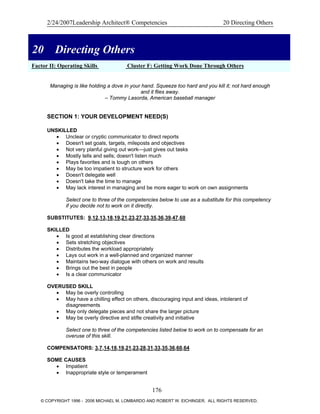 2/24/2007Leadership Architect® Competencies 20 Directing Others
20 Directing Others
Factor II: Operating Skills Cluster F: Getting Work Done Through Others
20 Directing Others
Managing is like holding a dove in your hand. Squeeze too hard and you kill it; not hard enough
and it flies away.
– Tommy Lasorda, American baseball manager
SECTION 1: YOUR DEVELOPMENT NEED(S)
UNSKILLED
• Unclear or cryptic communicator to direct reports
• Doesn't set goals, targets, mileposts and objectives
• Not very planful giving out work—just gives out tasks
• Mostly tells and sells; doesn't listen much
• Plays favorites and is tough on others
• May be too impatient to structure work for others
• Doesn't delegate well
• Doesn't take the time to manage
• May lack interest in managing and be more eager to work on own assignments
Select one to three of the competencies below to use as a substitute for this competency
if you decide not to work on it directly.
SUBSTITUTES: 9,12,13,18,19,21,23,27,33,35,36,39,47,60
SKILLED
• Is good at establishing clear directions
• Sets stretching objectives
• Distributes the workload appropriately
• Lays out work in a well-planned and organized manner
• Maintains two-way dialogue with others on work and results
• Brings out the best in people
• Is a clear communicator
OVERUSED SKILL
• May be overly controlling
• May have a chilling effect on others, discouraging input and ideas, intolerant of
disagreements
• May only delegate pieces and not share the larger picture
• May be overly directive and stifle creativity and initiative
Select one to three of the competencies listed below to work on to compensate for an
overuse of this skill.
COMPENSATORS: 3,7,14,18,19,21,23,28,31,33,35,36,60,64
SOME CAUSES
• Impatient
• Inappropriate style or temperament
176
© COPYRIGHT 1996 - 2006 MICHAEL M. LOMBARDO AND ROBERT W. EICHINGER. ALL RIGHTS RESERVED.
 
