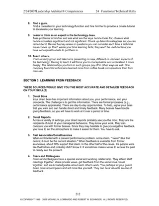 2/24/2007Leadership Architect® Competencies 24 Functional/Technical Skills
8. Find a guru.
Find a consultant in your technology/function and hire him/her to provide a private tutorial
to accelerate your learning.
9. Learn to think as an expert in the technology does.
Take problems to him/her and ask what are the keys he/she looks for; observe what
he/she considers significant and not significant. Chunk up data into categories so you can
remember it. Devise five key areas or questions you can consider each time a technical
issue comes up. Don't waste your time learning facts; they won't be useful unless you
have conceptual buckets to put them in.
10. Teach others.
Form a study group and take turns presenting on new, different or unknown aspects of
the technology. Having to teach it will force you to conceptualize and understand it more
deeply. The relationships you form in such groups pay off in other ways as well. One
company found its technicians learned more from coffee break conversations than from
manuals.
SECTION 3: LEARNING FROM FEEDBACK
THESE SOURCES WOULD GIVE YOU THE MOST ACCURATE AND DETAILED FEEDBACK
ON YOUR SKILL(S)
1. Direct Boss
Your direct boss has important information about you, your performance, and your
prospects. The challenge is to get this information. There are formal processes (e.g.,
performance appraisals). There are day-to-day opportunities. To help, signal your boss
that you want and can handle direct and timely feedback. Many bosses have trouble
giving feedback, so you will have to work at it over a period of time.
2. Direct Reports
Across a variety of settings, your direct reports probably see you the most. They are the
recipients of most of your managerial behaviors. They know your work. They can
compare you with former bosses. Since they may hesitate to give you negative feedback,
you have to set the atmosphere to make it easier for them. You have to ask.
3. Past Associates/Constituencies
When confronted with a present performance problem, some claim, "I wasn't like that
before; it must be the current situation." When feedback is available from former
associates, about 50% support that claim. In the other half of the cases, the people were
like that before and probably didn't know it. It sometimes makes sense to access the past
to clearly see the present.
4. Peers and Colleagues
Peers and colleagues have a special social and working relationship. They attend staff
meetings together, share private views, get feedback from the same boss, travel
together, and are knowledgeable about each other's work. You perhaps let your guard
down more around peers and act more like yourself. They can be a valuable source of
feedback.
212
© COPYRIGHT 1996 - 2006 MICHAEL M. LOMBARDO AND ROBERT W. EICHINGER. ALL RIGHTS RESERVED.
 