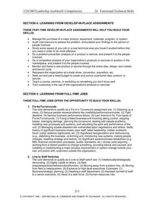 2/24/2007Leadership Architect® Competencies 24 Functional/Technical Skills
SECTION 4: LEARNING FROM DEVELOP-IN-PLACE ASSIGNMENTS
THESE PART-TIME DEVELOP-IN-PLACE ASSIGNMENTS WILL HELP YOU BUILD YOUR
SKILL(S)
• Manage the purchase of a major product, equipment, materials, program, or system.
• Audit cost overruns to assess the problem, and present your findings to the person or
people involved.
• Study some aspect of your job or a new technical area you haven't studied before that
you need in order to be more effective.
• Do a problem-prevention analysis on a product or service, and present it to the people
involved.
• Do a competitive analysis of your organization's products or services or position in the
marketplace, and present it to the people involved.
• Monitor and follow a new product or service through the entire idea, design, test market,
and launch cycle.
• Represent the organization at a trade show, convention, exposition, etc.
• Seek out and use a seed budget to create and pursue a personal idea, product, or
service.
• Teach a course, seminar, or workshop on something you don't know well.
• Train customers in the use of the organization's products or services.
SECTION 5: LEARNING FROM FULL-TIME JOBS
THESE FULL-TIME JOBS OFFER THE OPPORTUNITY TO BUILD YOUR SKILL(S)
1. Fix-Its/Turnarounds
The core demands to qualify as a Fix-it or Turnaround assignment are: (1) Cleaning up a
mess. (2) Serious people issues/problems like credibility/performance/morale. (3) Tight
deadline. (4) Serious business performance failure. (5) Last chance to fix. Four types of
Fix-its/Turnarounds: (1) Fixing a failed business/unit involving taking control, stopping
losses, managing damage, planning the turnaround, dealing with people problems,
installing new processes and systems, and rebuilding the spirit and performance of the
unit. (2) Managing sizable disasters like mishandled labor negotiations and strikes, thefts,
history of significant business losses, poor staff, failed leadership, hidden problems,
fraud, public relations nightmares, etc. (3) Significant reorganization and restructuring
(e.g., stabilizing the business, re-forming unit, introducing new systems, making people
changes, resetting strategy and tactics). (4) Significant system/process breakdown (e.g.,
MIS, financial coordination processes, audits, standards, etc.) across units requiring
working from a distant position to change something, providing advice and counsel, and
installing or implementing a major process improvement or system change outside your
own unit and/or with customers outside the organization.
2. Line to Staff Switches
The core demands to qualify as a Line to Staff switch are: (1) Intellectually/strategically
demanding. (2) Highly visible to others. (3) New
area/perspective/method/culture/function. (4) Moving away from a bottom line. (5) Moving
from field to headquarters. (6) Exposure to high-level executives. Examples: (1)
Business/strategic planning. (2) Heading a staff department. (3) Assistant to/chief of staff
to a senior executive. (4) Head of a task force. (5) Human resources role.
213
© COPYRIGHT 1996 - 2006 MICHAEL M. LOMBARDO AND ROBERT W. EICHINGER. ALL RIGHTS RESERVED.
 