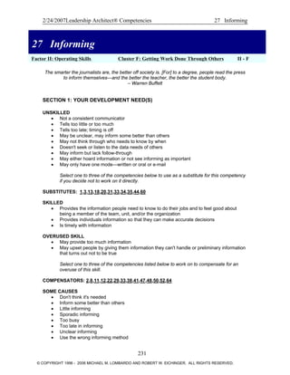 2/24/2007Leadership Architect® Competencies 27 Informing
27 Informing
Factor II: Operating Skills Cluster F: Getting Work Done Through Others II - F
27 Informing
The smarter the journalists are, the better off society is. [For] to a degree, people read the press
to inform themselves—and the better the teacher, the better the student body.
– Warren Buffett
SECTION 1: YOUR DEVELOPMENT NEED(S)
UNSKILLED
• Not a consistent communicator
• Tells too little or too much
• Tells too late; timing is off
• May be unclear, may inform some better than others
• May not think through who needs to know by when
• Doesn't seek or listen to the data needs of others
• May inform but lack follow-through
• May either hoard information or not see informing as important
• May only have one mode—written or oral or e-mail
Select one to three of the competencies below to use as a substitute for this competency
if you decide not to work on it directly.
SUBSTITUTES: 1,3,13,18,20,31,33,34,35,44,60
SKILLED
• Provides the information people need to know to do their jobs and to feel good about
being a member of the team, unit, and/or the organization
• Provides individuals information so that they can make accurate decisions
• Is timely with information
OVERUSED SKILL
• May provide too much information
• May upset people by giving them information they can't handle or preliminary information
that turns out not to be true
Select one to three of the competencies listed below to work on to compensate for an
overuse of this skill.
COMPENSATORS: 2,8,11,12,22,29,33,38,41,47,48,50,52,64
SOME CAUSES
• Don't think it's needed
• Inform some better than others
• Little informing
• Sporadic informing
• Too busy
• Too late in informing
• Unclear informing
• Use the wrong informing method
231
© COPYRIGHT 1996 - 2006 MICHAEL M. LOMBARDO AND ROBERT W. EICHINGER. ALL RIGHTS RESERVED.
 