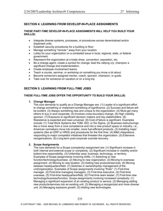 2/24/2007Leadership Architect® Competencies 27 Informing
SECTION 4: LEARNING FROM DEVELOP-IN-PLACE ASSIGNMENTS
THESE PART-TIME DEVELOP-IN-PLACE ASSIGNMENTS WILL HELP YOU BUILD YOUR
SKILL(S)
• Integrate diverse systems, processes, or procedures across decentralized and/or
dispersed units.
• Establish security procedures for a building or floor.
• Manage something "remote," away from your location.
• Lobby for your organization on a contested issue in local, regional, state, or federal
government.
• Represent the organization at a trade show, convention, exposition, etc.
• Be a change agent; create a symbol for change; lead the rallying cry; champion a
significant change and implementation.
• Create employee involvement teams.
• Teach a course, seminar, or workshop on something you know a lot about.
• Become someone's assigned mentor, coach, sponsor, champion, or guide.
• Take over for someone on vacation or on a long trip.
SECTION 5: LEARNING FROM FULL-TIME JOBS
THESE FULL-TIME JOBS OFFER THE OPPORTUNITY TO BUILD YOUR SKILL(S)
1. Change Manager
The core demands to qualify as a Change Manager are: (1) Leader of a significant effort
to change something or implement something of significance. (2) Success and failure will
be evident. (3) Always something new and unique to the organization. (4) Must get many
others to buy in and cooperate. (5) Involves cross-boundary change. (6) High visibility
sponsor. (7) Exposure to significant decision makers and key stakeholders. (8)
Resistance is expected and near-universal. (9) Cost of failure is significant. Examples
include: (1) Total Work Systems like TQM, ISO, or Six Sigma. (2) Business restructurings
like a move away from a core competence and into a new product space or industry, i.e.,
American carmakers move into smaller, more fuel-efficient products. (3) Installing major
systems (like an ERP or HRIS) and procedures for the first time. (4) M&A integrations,
responding to major competitor initiatives that threaten the organization. (5) Extensive
reorganizations. (6) Long-term post-corporate scandal recovery.
2. Scope Assignments
The core demands for a Scope (complexity) assignment are: (1) Significant increase in
both internal and external scope or complexity. (2) Significant increase in visibility and/or
bottom-line responsibility. (3) Unfamiliar area, business, technology, or territory.
Examples of Scope assignments involving shifts: (1) Switching to new
function/technology/business. (2) Moving to new organization. (3) Moving to overseas
assignment. (4) Moving to new location. (5) Adding new products/services. (6) Moving
between headquarters/field. (7) Switches in ownership/top management of the
unit/organization. Examples of Scope assignments involving "firsts": (1) First-time
manager. (2) First-time managing managers. (3) First-time executive. (4) First-time
overseas. (5) First-time headquarters/field. (6) First-time team leader. (7) First-time new
technology/business/function. Scope assignments involving increased complexity: (1)
Managing a significant expansion of an existing product or service. (2) Managing adding
new products/services into an existing unit. (3) Managing a reorganized and more diverse
unit. (4) Managing explosive growth. (5) Adding new technologies.
235
© COPYRIGHT 1996 - 2006 MICHAEL M. LOMBARDO AND ROBERT W. EICHINGER. ALL RIGHTS RESERVED.
 