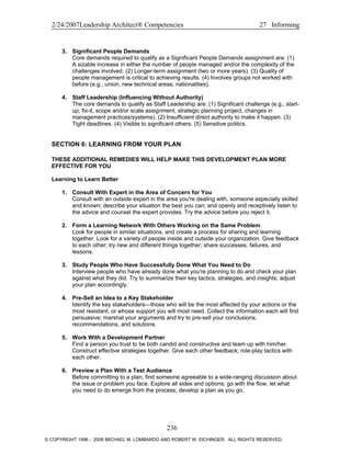 2/24/2007Leadership Architect® Competencies 27 Informing
3. Significant People Demands
Core demands required to qualify as a Significant People Demands assignment are: (1)
A sizable increase in either the number of people managed and/or the complexity of the
challenges involved. (2) Longer-term assignment (two or more years). (3) Quality of
people management is critical to achieving results. (4) Involves groups not worked with
before (e.g., union, new technical areas, nationalities).
4. Staff Leadership (Influencing Without Authority)
The core demands to qualify as Staff Leadership are: (1) Significant challenge (e.g., start-
up, fix-it, scope and/or scale assignment, strategic planning project, changes in
management practices/systems). (2) Insufficient direct authority to make it happen. (3)
Tight deadlines. (4) Visible to significant others. (5) Sensitive politics.
SECTION 6: LEARNING FROM YOUR PLAN
THESE ADDITIONAL REMEDIES WILL HELP MAKE THIS DEVELOPMENT PLAN MORE
EFFECTIVE FOR YOU
Learning to Learn Better
1. Consult With Expert in the Area of Concern for You
Consult with an outside expert in the area you're dealing with, someone especially skilled
and known; describe your situation the best you can; and openly and receptively listen to
the advice and counsel the expert provides. Try the advice before you reject it.
2. Form a Learning Network With Others Working on the Same Problem
Look for people in similar situations, and create a process for sharing and learning
together. Look for a variety of people inside and outside your organization. Give feedback
to each other; try new and different things together; share successes, failures, and
lessons.
3. Study People Who Have Successfully Done What You Need to Do
Interview people who have already done what you're planning to do and check your plan
against what they did. Try to summarize their key tactics, strategies, and insights; adjust
your plan accordingly.
4. Pre-Sell an Idea to a Key Stakeholder
Identify the key stakeholders—those who will be the most affected by your actions or the
most resistant, or whose support you will most need. Collect the information each will find
persuasive; marshal your arguments and try to pre-sell your conclusions,
recommendations, and solutions.
5. Work With a Development Partner
Find a person you trust to be both candid and constructive and team up with him/her.
Construct effective strategies together. Give each other feedback; role-play tactics with
each other.
6. Preview a Plan With a Test Audience
Before committing to a plan, find someone agreeable to a wide-ranging discussion about
the issue or problem you face. Explore all sides and options; go with the flow; let what
you need to do emerge from the process; develop a plan as you go.
236
© COPYRIGHT 1996 - 2006 MICHAEL M. LOMBARDO AND ROBERT W. EICHINGER. ALL RIGHTS RESERVED.
 
